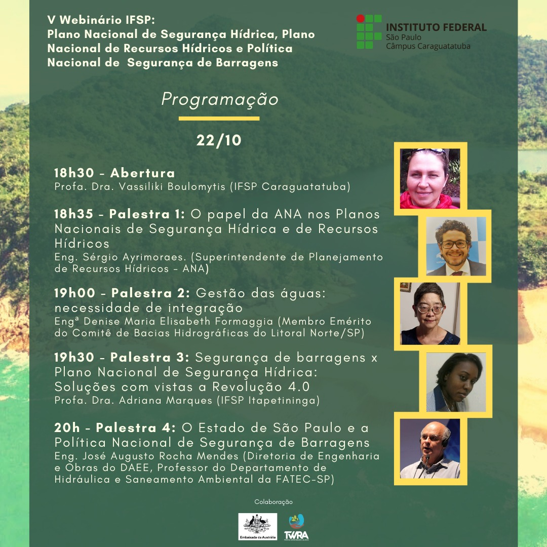 Programação do V Webinário IFSP “Plano Nacional de de Segurança Hídrica, Plano nacional de Recursos Hídricos e Política Nacional de Segurança de Barragens”