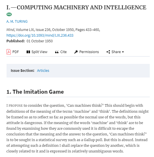 Foto: Início do artigo publicado em 1950 por Alan de Turing