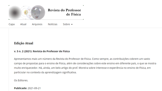 Imagem 3 – Página da Revista do Professor de Física em Setembro de 2021