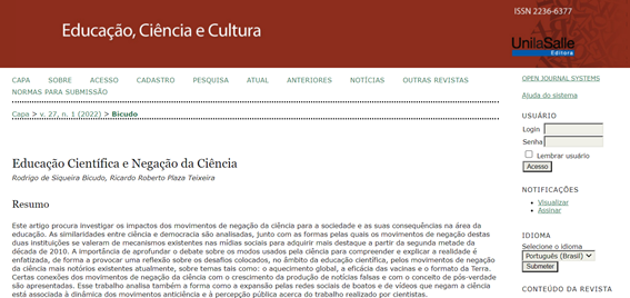 Imagem 2 – Artigo publicado no site da Revista Educação, Ciência e Cultura