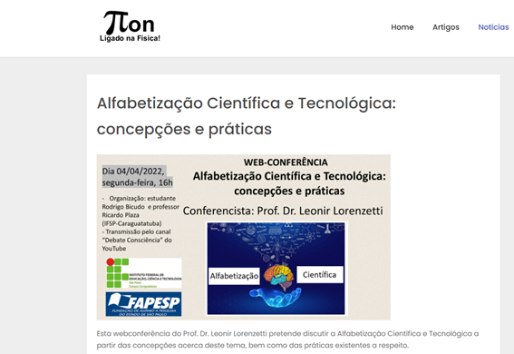Imagem 5 – Divulgação desta webconferência pelo Portal Píon da SBF