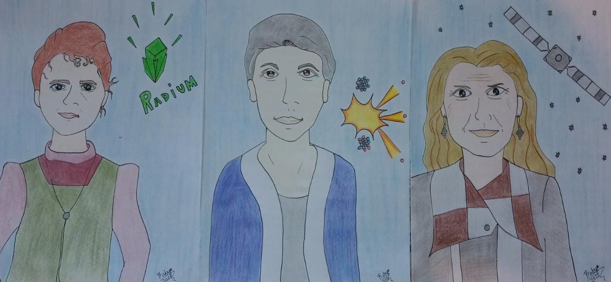 Imagem 14 - Desenhos das físicas Marie Curie, Lise Meitner e Angela Olinto, feitos por Barbara Leone