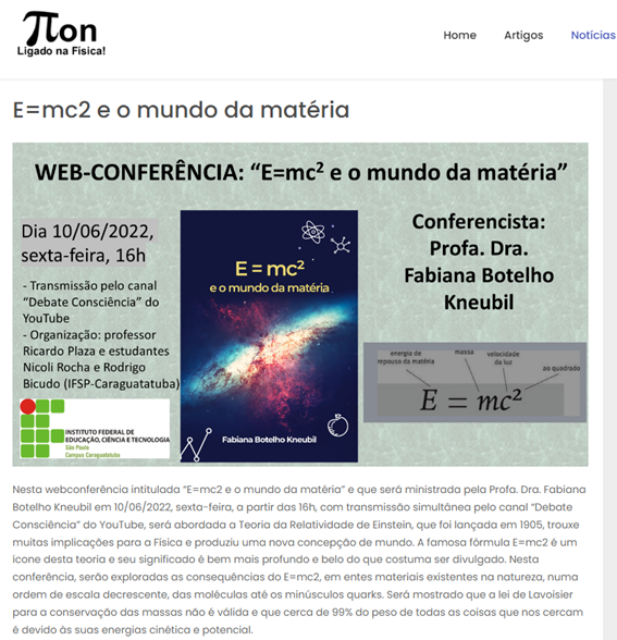 Imagem 7 – Divulgação feita pelo Portal Píon sobrte a webconferência da professora Fabiana