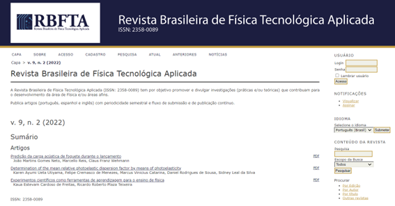 Imagem 3 – Página do periódico RBFTA em outubro de 2022
