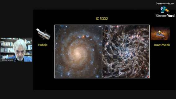 Imagem 6 – Imagens de uma galáxia feitas pelos telescópios Hubble e James Webb