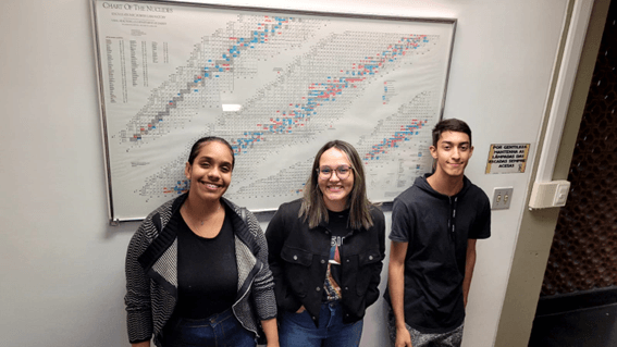 Imagem 3 – Livia, Kamily e Elian junto a uma carta de nuclídeos no Instituto de Física da USP