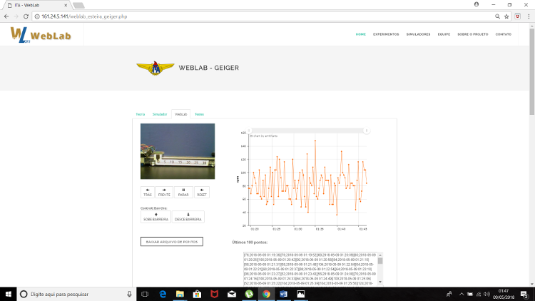 Página do experimento com o Geiger do Weblab