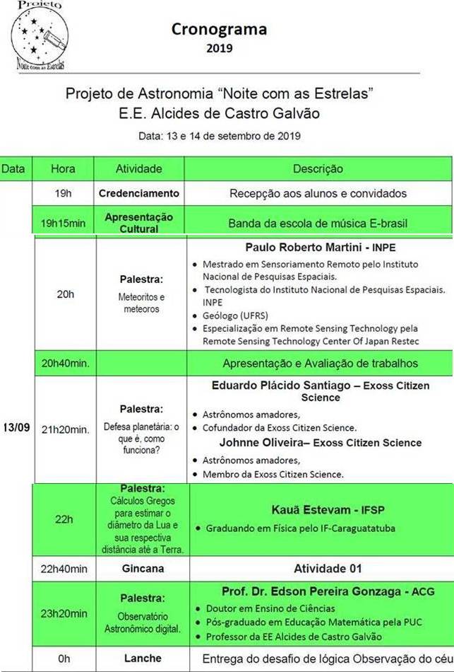 Parte inicial do cronograma de atividades da V Noite com as Estrelas