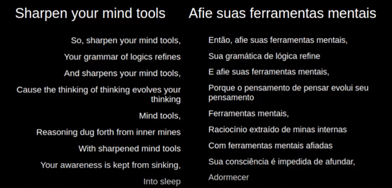 Slide com trecho da música Sharpen your mind tools