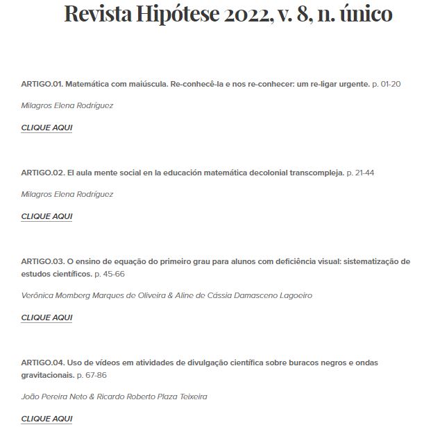 Artigos publicados no volume 8 da Revista Hipótese até 8 de junho de 2021