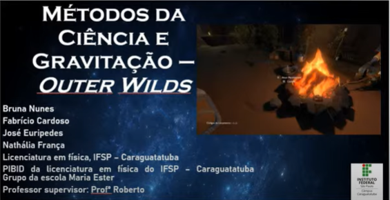 Slide da apresentação sobre Métodos da Ciência e Gravitação no jogo Outer Wilds