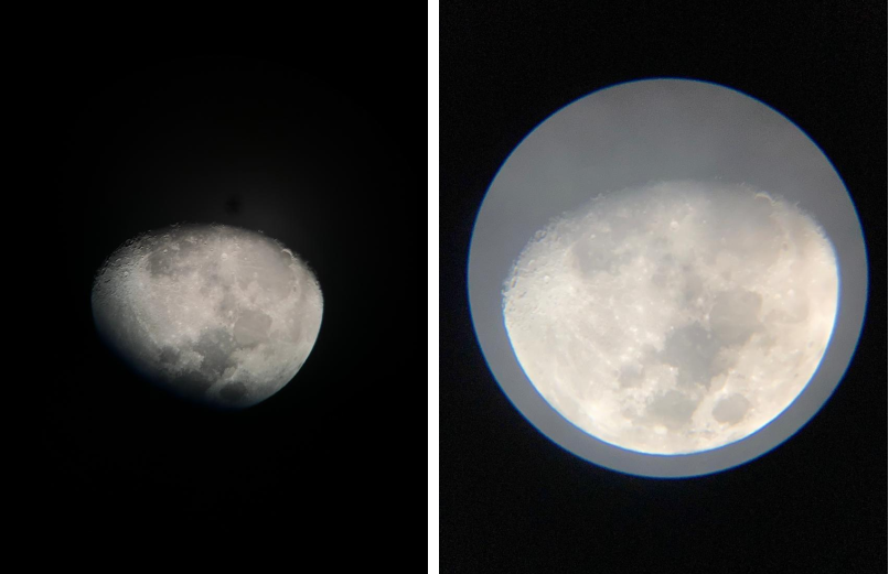 Imagem 3: Fotos da Lua tirada por dois telescópios diferentes: refrator (a esquerda) e refletor (a direita)