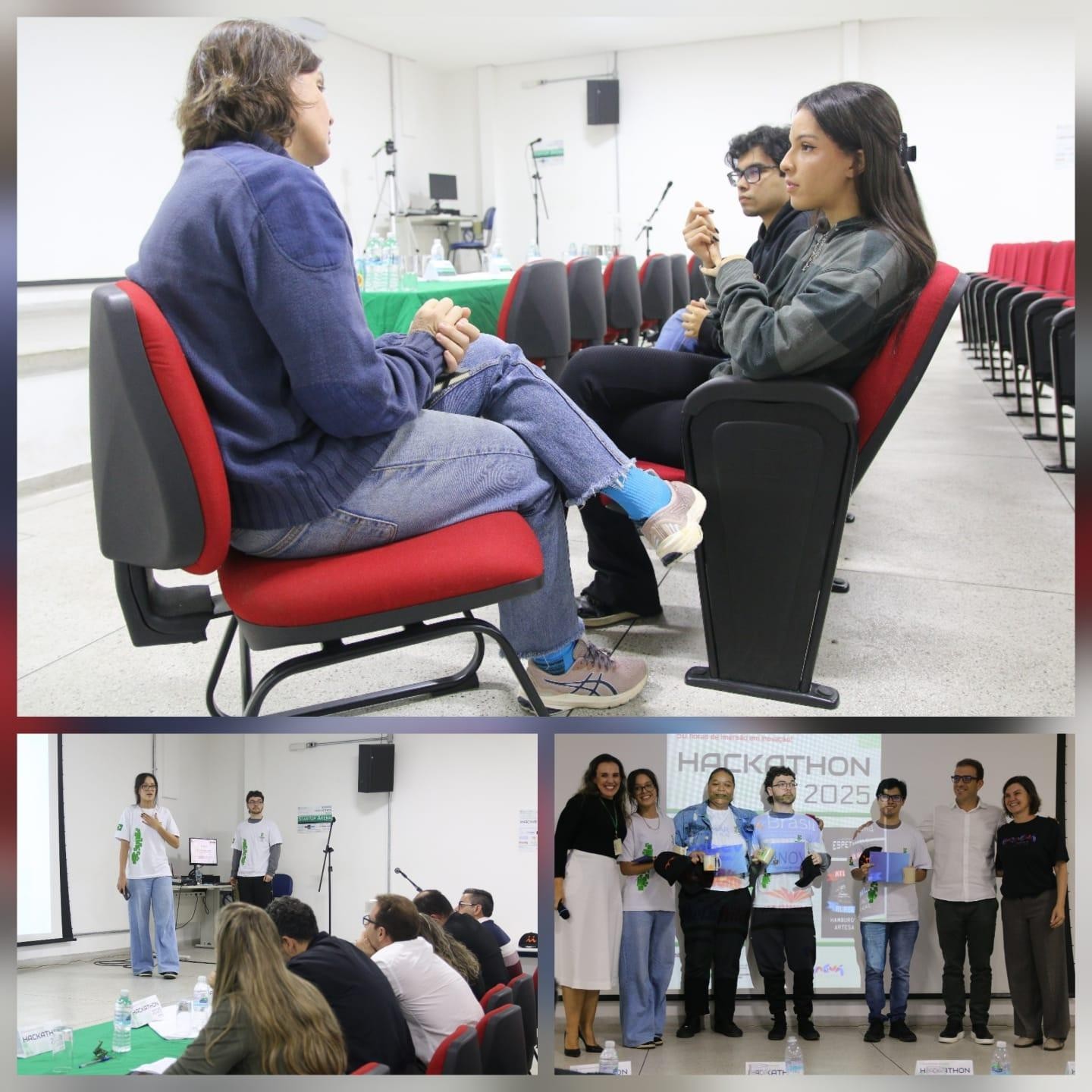 Imagem 6: Aluna Manuela em três momentos do Hackathon 2025. Momento 1 (em cima): Mentoria Passiva com Bianca Colepicolo – Secretária de Turismo. Momento 2 (em baixo, a esquerda): Apresentação do Pitch Final. Momento 3 (em baixo, a direita): Premiação com a equipe Cocanha, campeã do Hackathon 2025.