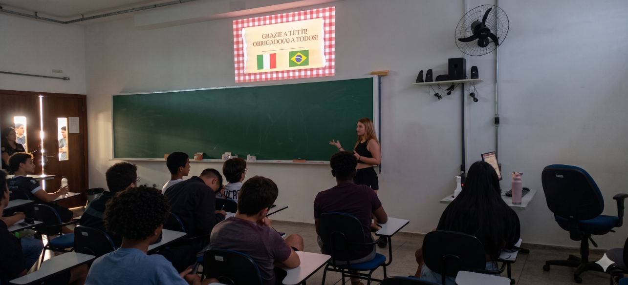Imagem 1: Apresentação da aluna intercambista Carolina Barbieri sobre as diferenças entre o sistema de ensino da Itália e do Brasil, sua cidade natal e os motivos da escolha pelo intercâmbio, em evento promovido pelo Centro de Línguas (Celin).