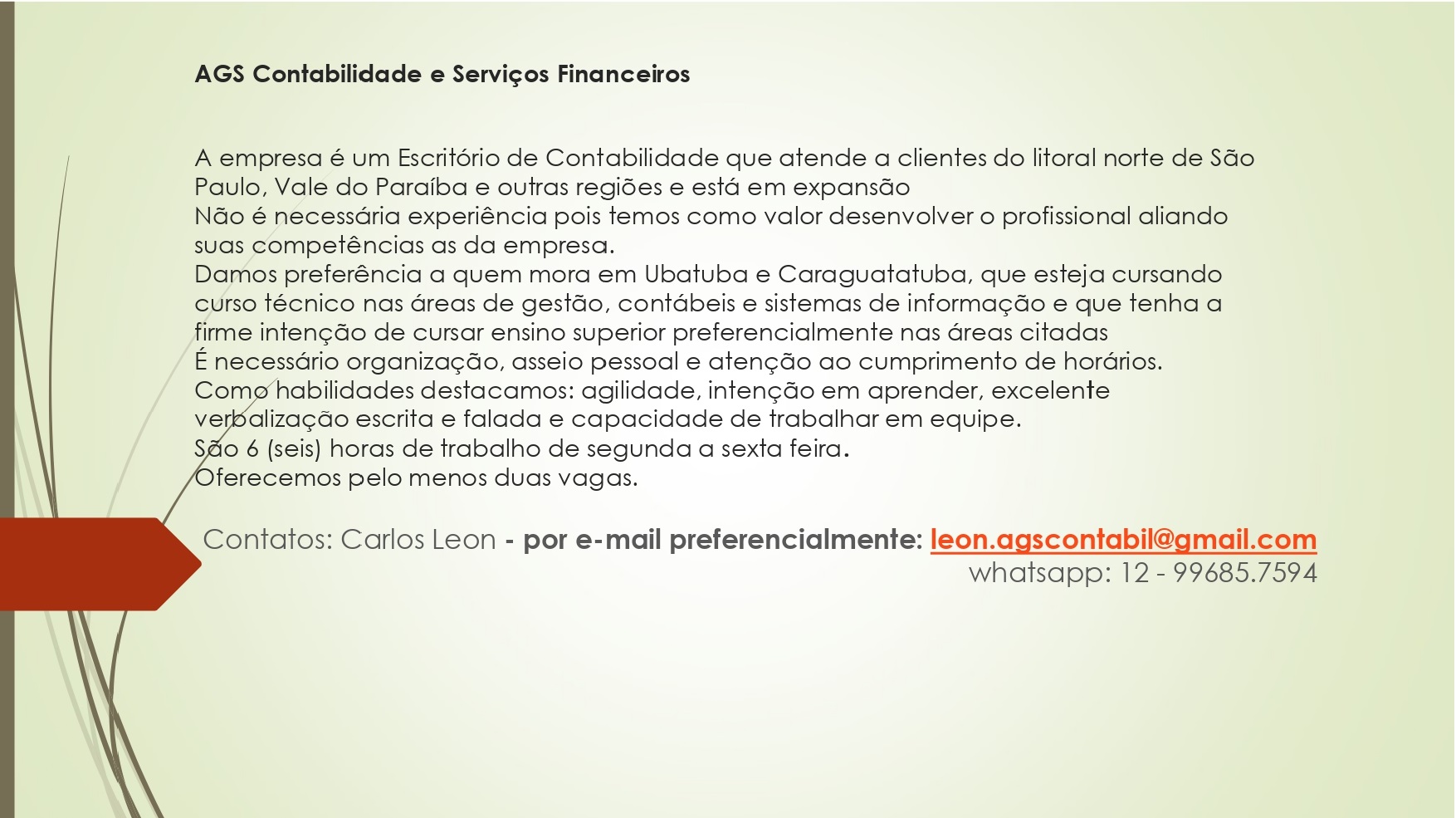 Oportunidade de Estágio - AGS Contabilidade e Serviços Financeiros